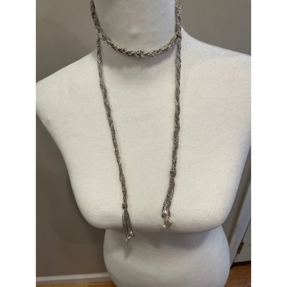 Stella and Dot Silver Braided Mesh‎ Lariat Necklace with Freshwater Pearl Tassel